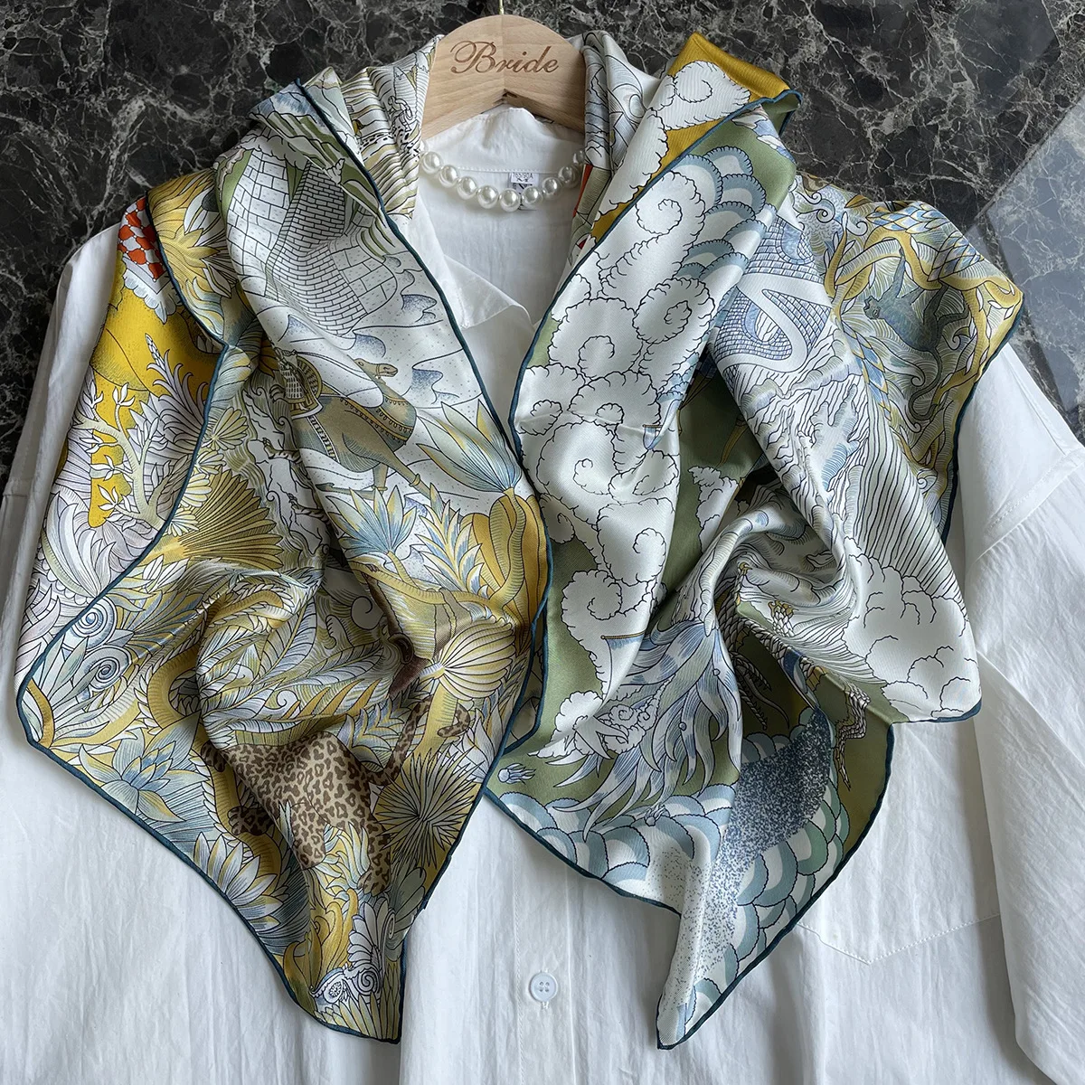 2024 New Double Sided 100% Silk Scarf Design Horse City Brand Square Scarf Shawl Hand Rolled Edges Women Hijab Foulard Bandana