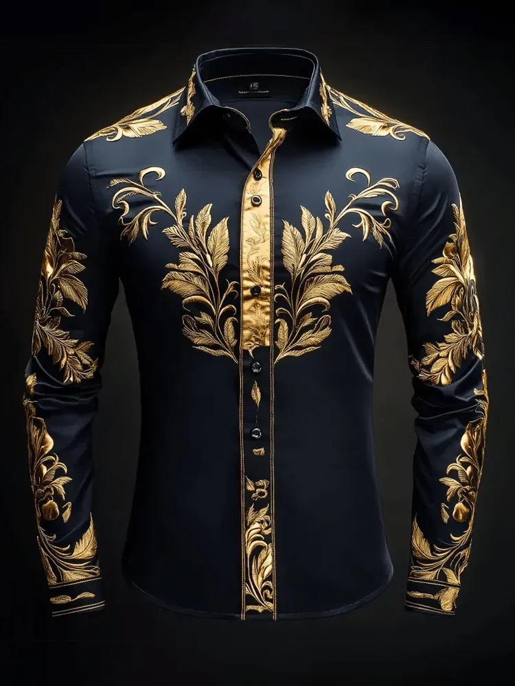 New Orange Bottom Geometric Diamond Wings Printed Men's Long Sleeve Shirt with Collar and Satin Shirt Clothing