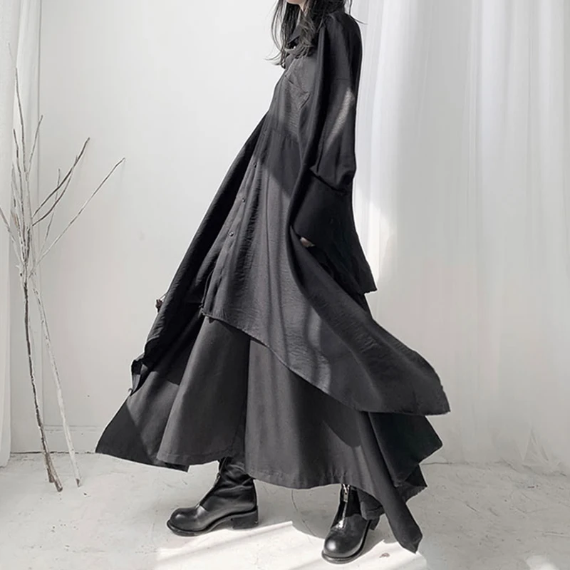 

Асимметричная свободная блузка из 2 предметов, новая весенняя черная рубашка с длинными рукавами, топы, повседневные длинные юбки с высокой талией, женская одежда