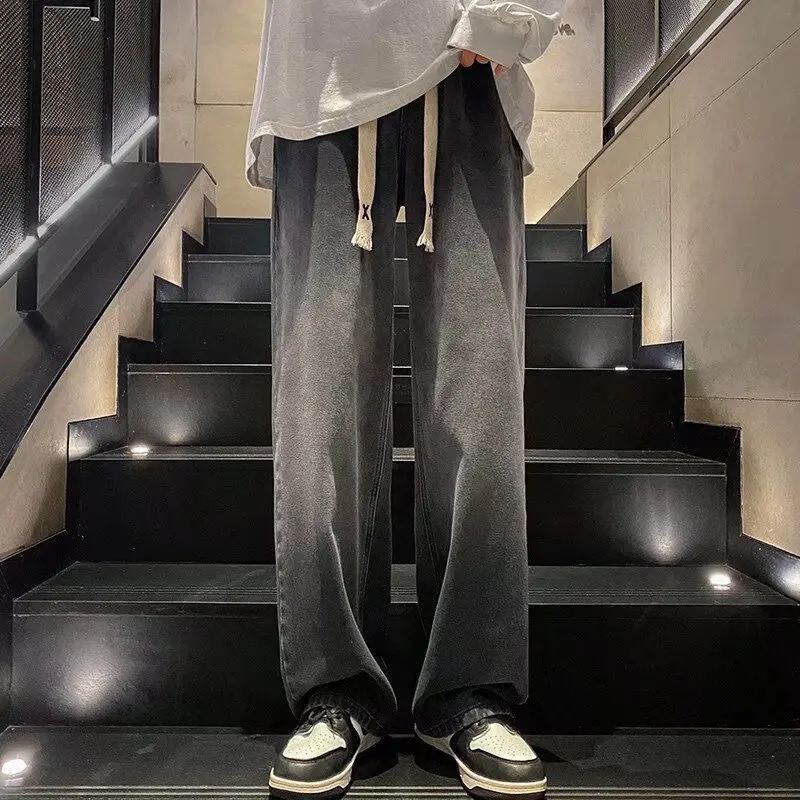 

Loose Straight Leg Jeans Men's Casual Spring Autumn High Street Faionable Brand Youth ular mid Waist Dstring Closure