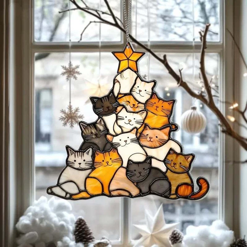 Cat Christmas Tree Suncatcher Acrylic Stacked Kittens Hanging Ornament Colorful For Tree Christmas Decoration For Window