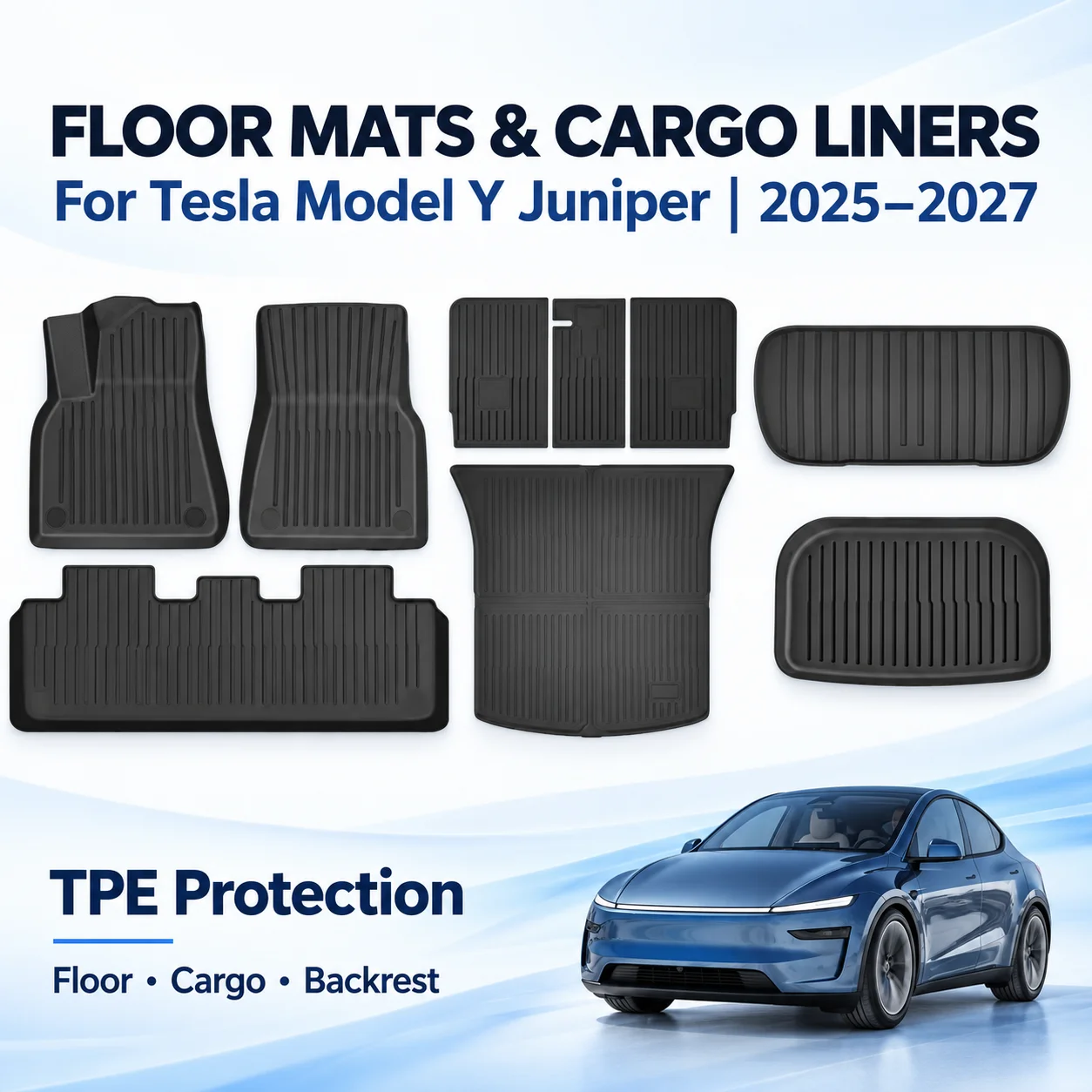 Double Layer TPE Floor Mats for Tesla Model Y Juniper 2025-2027 All Weather Waterproof Trunk Cargo Liner Rear Seat Backrest Mats