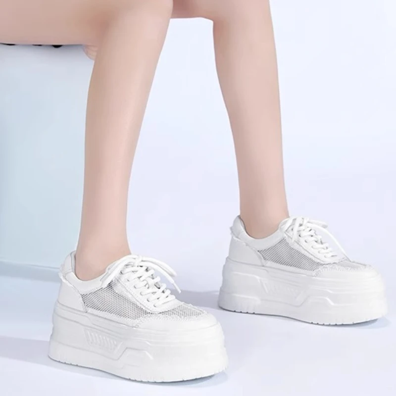 Women's Comfortable Breathable White Casual Height Increasing Shoes Genuine Leather Mesh Thick Sole 8cm Platform Board Shoes for