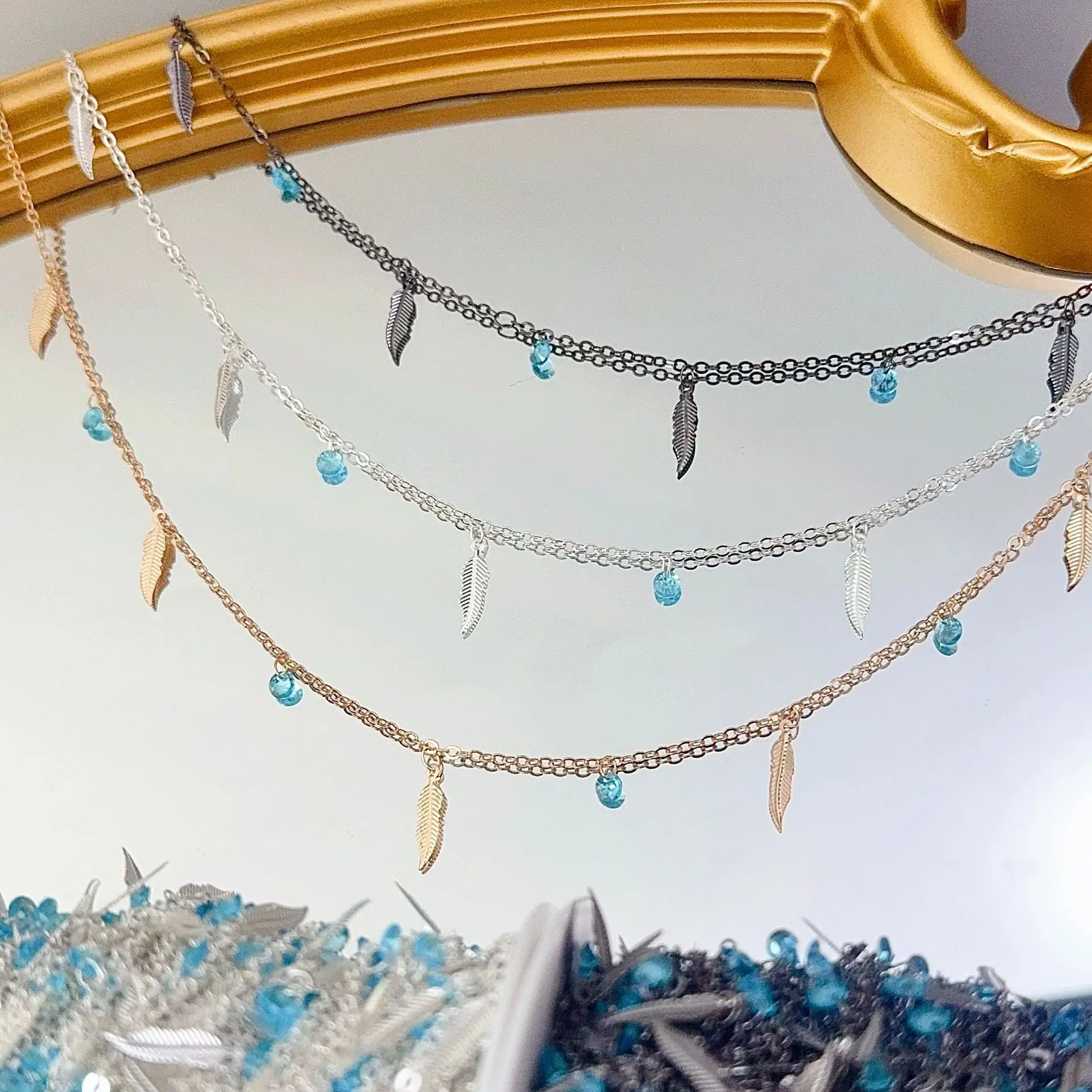 

Wholesale Blue Zirconia Feather Copper Gunblack Chains Link Bracelet Necklace DIY Jewelry Making Accessories Decoration