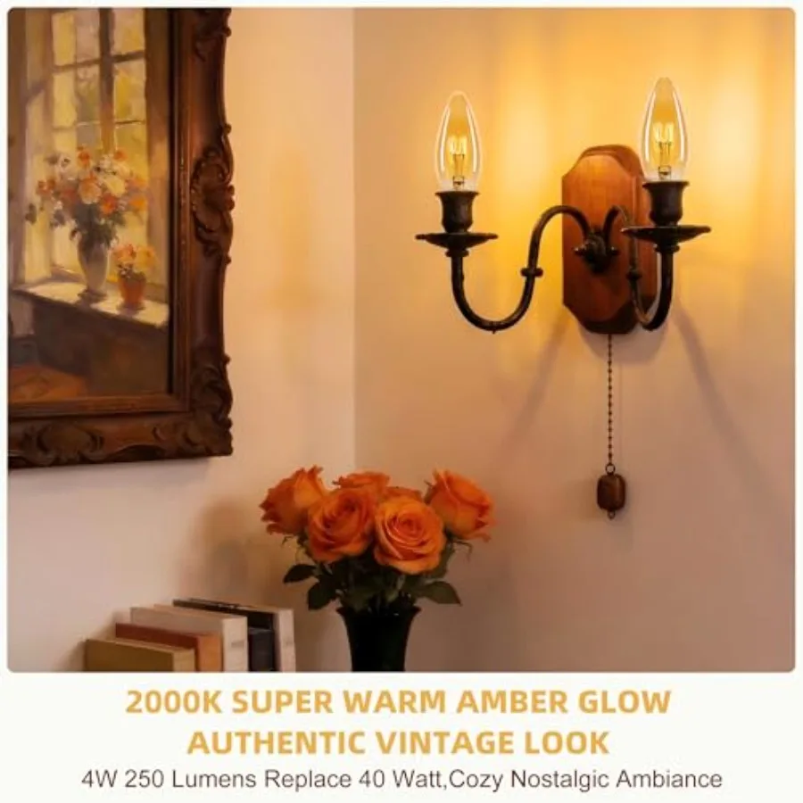 Amber Candelabra Light Bulbs 40watt Equivalent, 4W Ultra-Fine LED Filament E12 Small Base, Dimmable, Candle Shape Chandelier Li