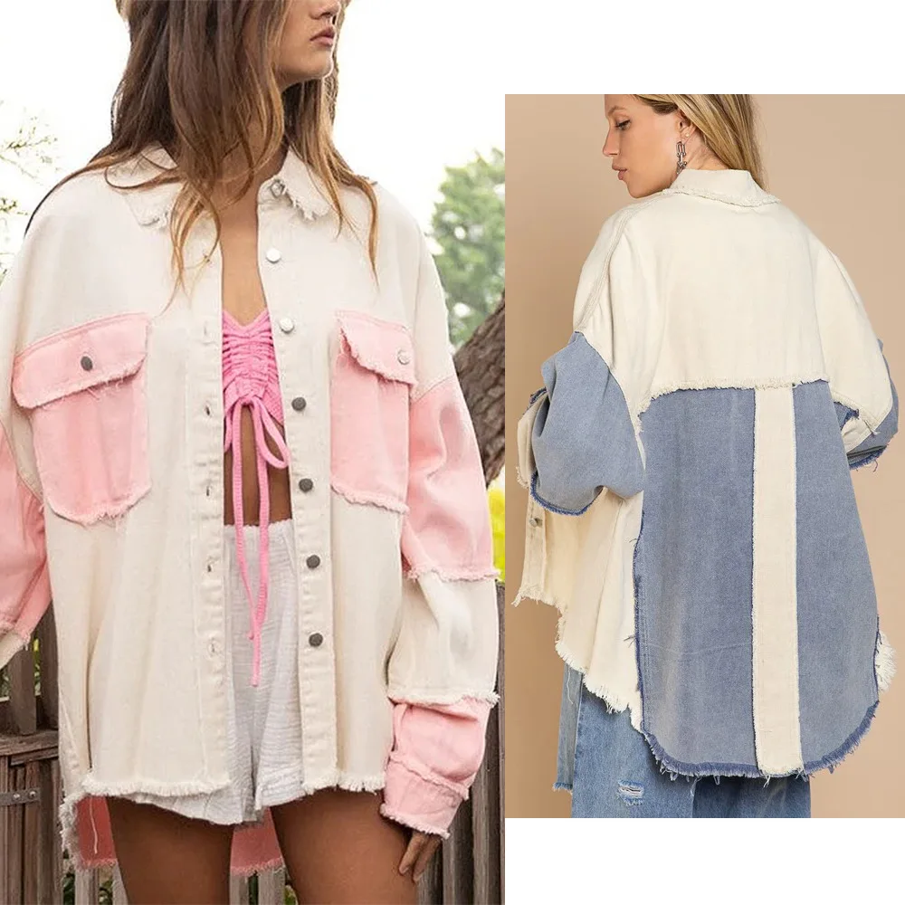 

Denim Jacket Women Washed Coat Patchwork Vintage Distressed Turn Down Collar Pockets Overcoat Streetwear Outerwear Spring 2026