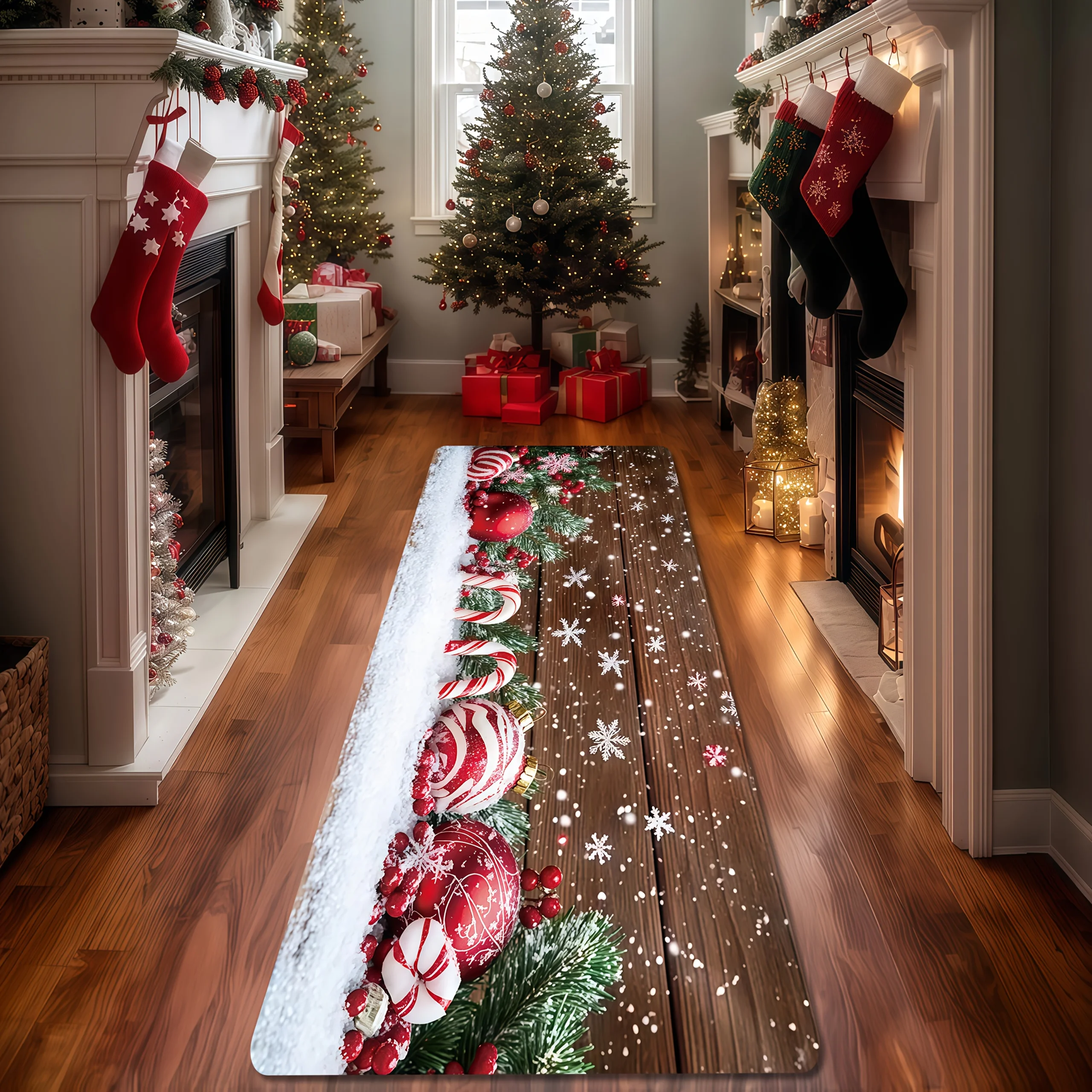 1pc Christmas Candy‑Cane & Snowflake Printed Long Runner Rug, Xmas Decor Floor Mat for Hallway, Bedroom, Kitchen, Laundry Room