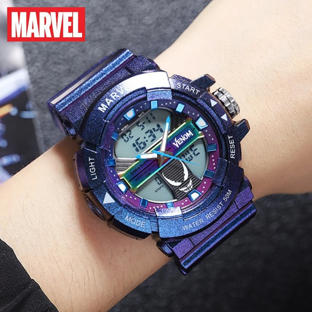 Marvel Disney Gift With Box Iron Man Core Sports Dual Display Luminous Waterproof Alarm Clock Children\'s Electronic Watch