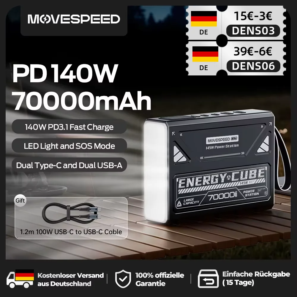 【CCC】MOVESPEED 140W Power Bank 70000mAh Schnellladegerät Tragbarer externer Akku für MacBook Laptop Outdoor Camping Power Station