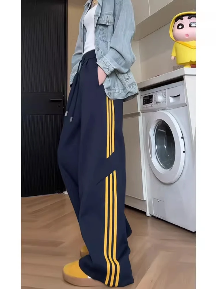 

Cobalt Blue Striped Sports Sweatpants Men's Casual Straight Leg Wide Leg Long Pants Autumn Winter Youth Leisure Pants