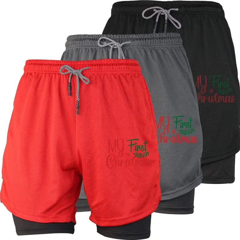 

Летние мужские спортивные шорты для бега в тренажерном зале 2 в 1, с принтом и карманом для телефона, быстросохнущие, дышащие