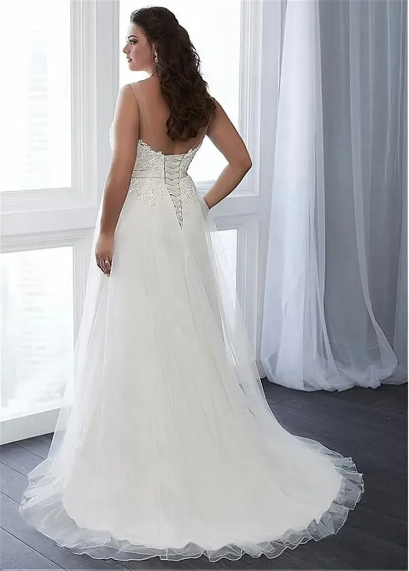 Sexy A Line Wedding Dresses Sheer Jewel Neck 2024 Appliqued Long Plus Size Tulle Bridal Gowns Lace-up Back Vestidos De Novia