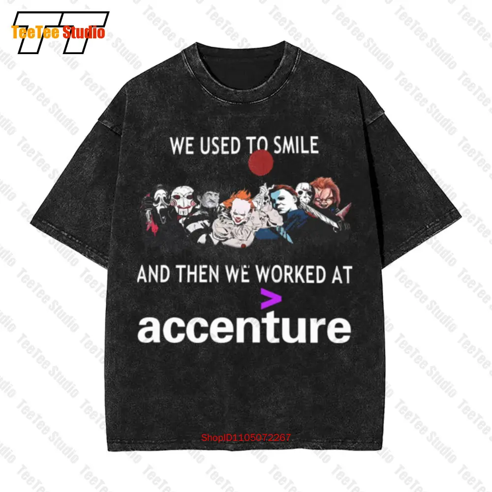 

Винтажная футболка большого размера Horror Halloween We Used To Smile And The Worked At Accenture 3F0Z