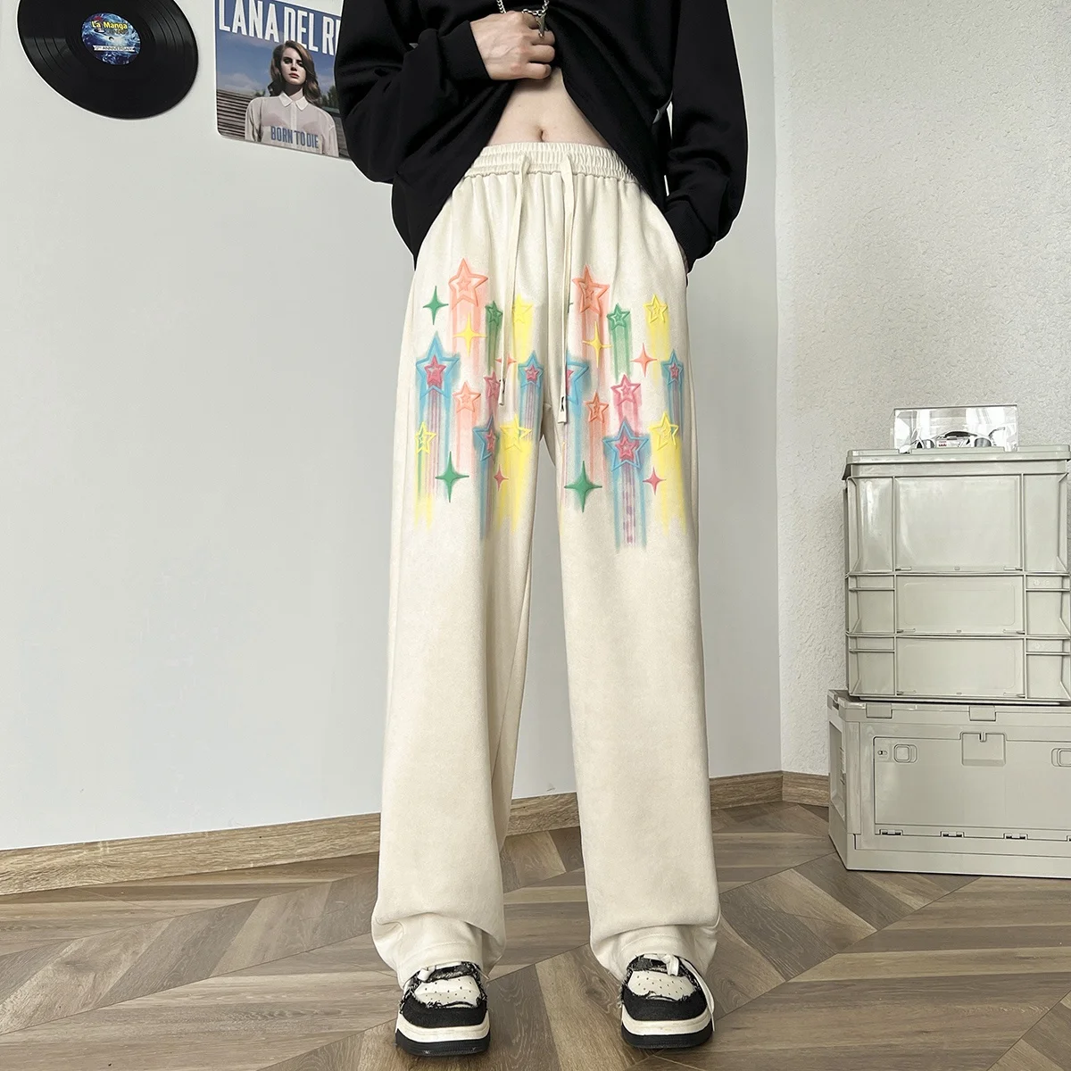 

Мужские повседневные брюки прямого кроя с принтом звезд, свободные, модные, весенне-осенние, струящиеся, в пол, спортивные штаны