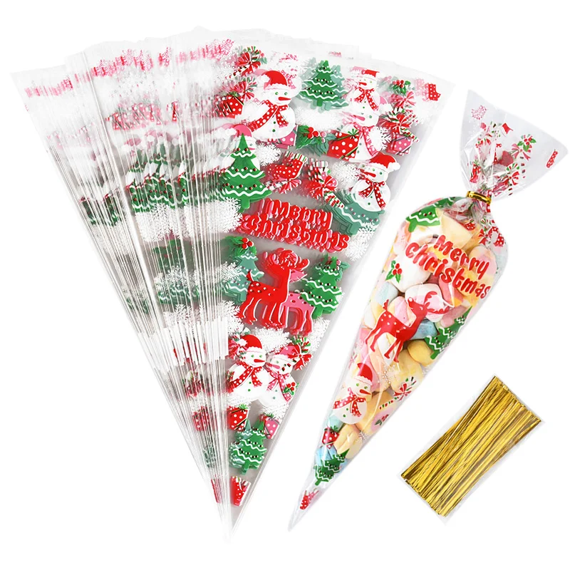 

100Pcs Christmas Gift Bags Snowflake Santa Claus Candy Cookies Cellophane Cone Bag Xmas Gifts Packing Chrismas Decoration Supply