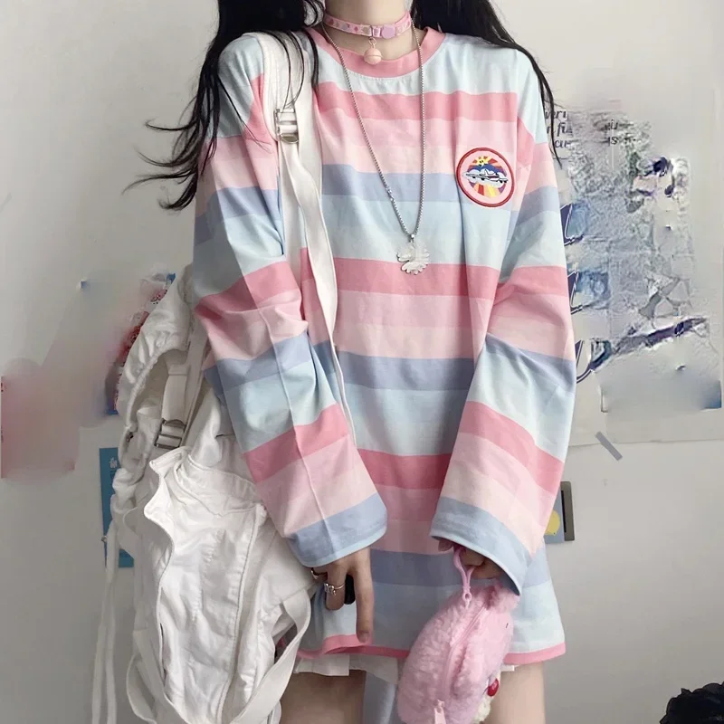 spring korean cute pink stripe t shirt Casual oversized embroidery Bottoming T-Shirts Women Long Sleeve student tops y2k clothes