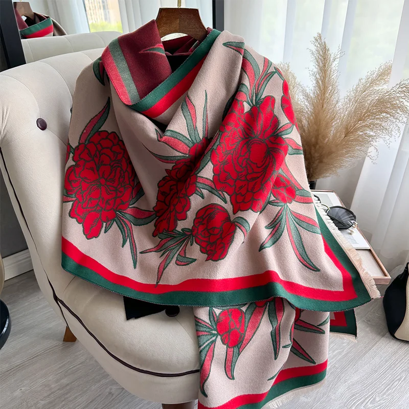 New Luxury Hydrangea Winter Two-Sided Cashmere Jacquard Scarves High Quality Women Thicken Wrap Shawl Ladies Wool Pashmina Scarf