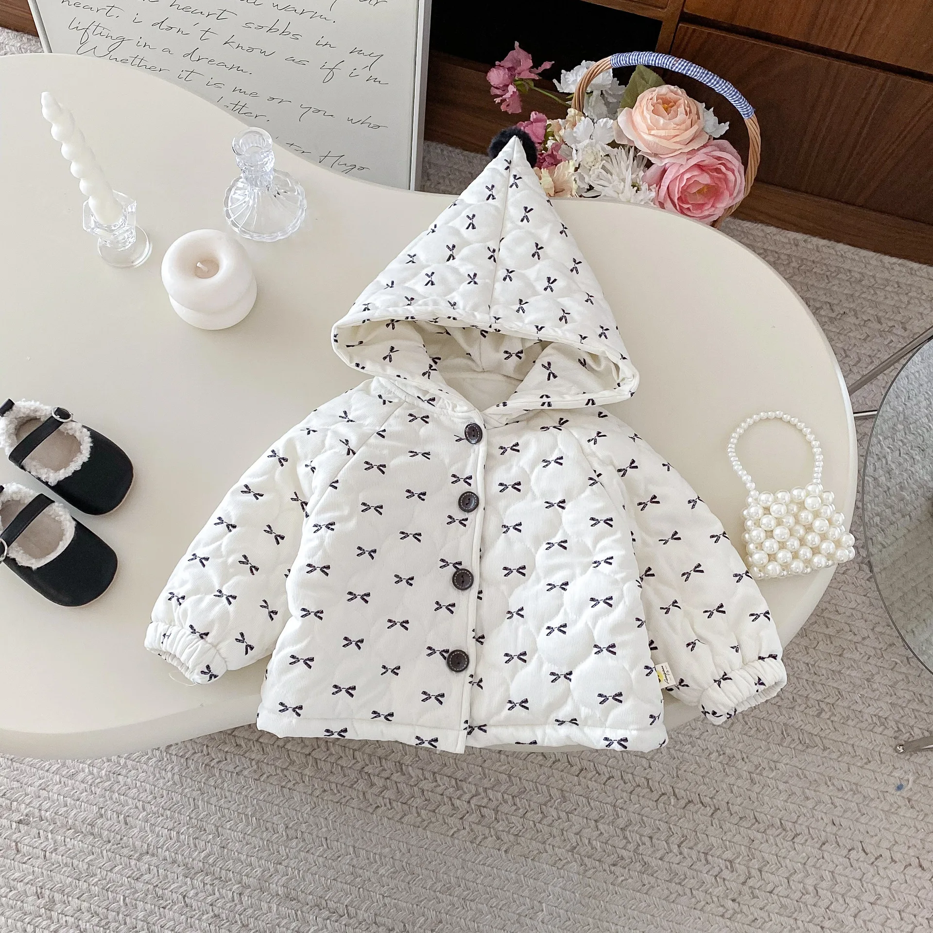 2025 Autumn/Winter New Korean Baby Sweet Bow Cotton Jacket Female Baby Western Hooded Coat Cotton Coat