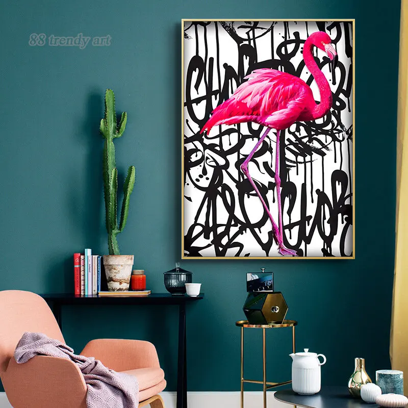 Fashion Home Decoraion Painting Pink Flamingo Graffiti Art Canvas Poster Beautiful Animal Wall Art Picture Girl Room Decor Mural