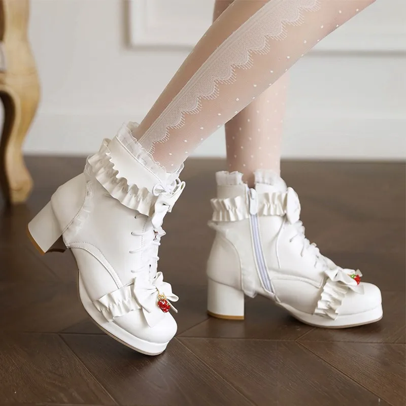 Ladies Ankle Boots Women Shoes Sweet Ruffles Lolita Lovely Cosplay Platform Girls Mid Heels Booties Woman Pink White Big Size 45