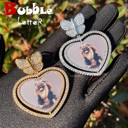Bubble Letter Custom Photo Medallion Necklace for Women Rotating Heart Picture Pendant Butterfly Bail Bling Hip Hop Jewelry