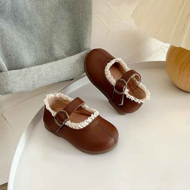 

2025 Spring Autumn Girl Leather Shoes Simple Versatile Kids Fashion Princess Flat Shoes Elegant Pleated Children Causal Shoe