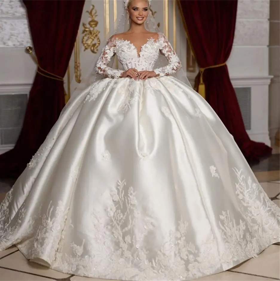 

Lorencia Princess Satin Wedding Dress Ball Gown Long Sleeve 3D Flowers Appliques Mariage Bridal Gowns Vestidos De Novia YBW27