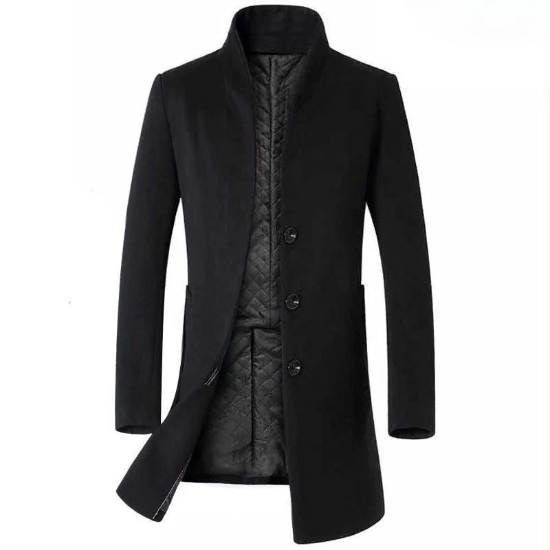 Men Wool Blend Mid Long Trench Coat Slim Fit Stand Collar Thick Warm Jacket Youth Business Outerwear