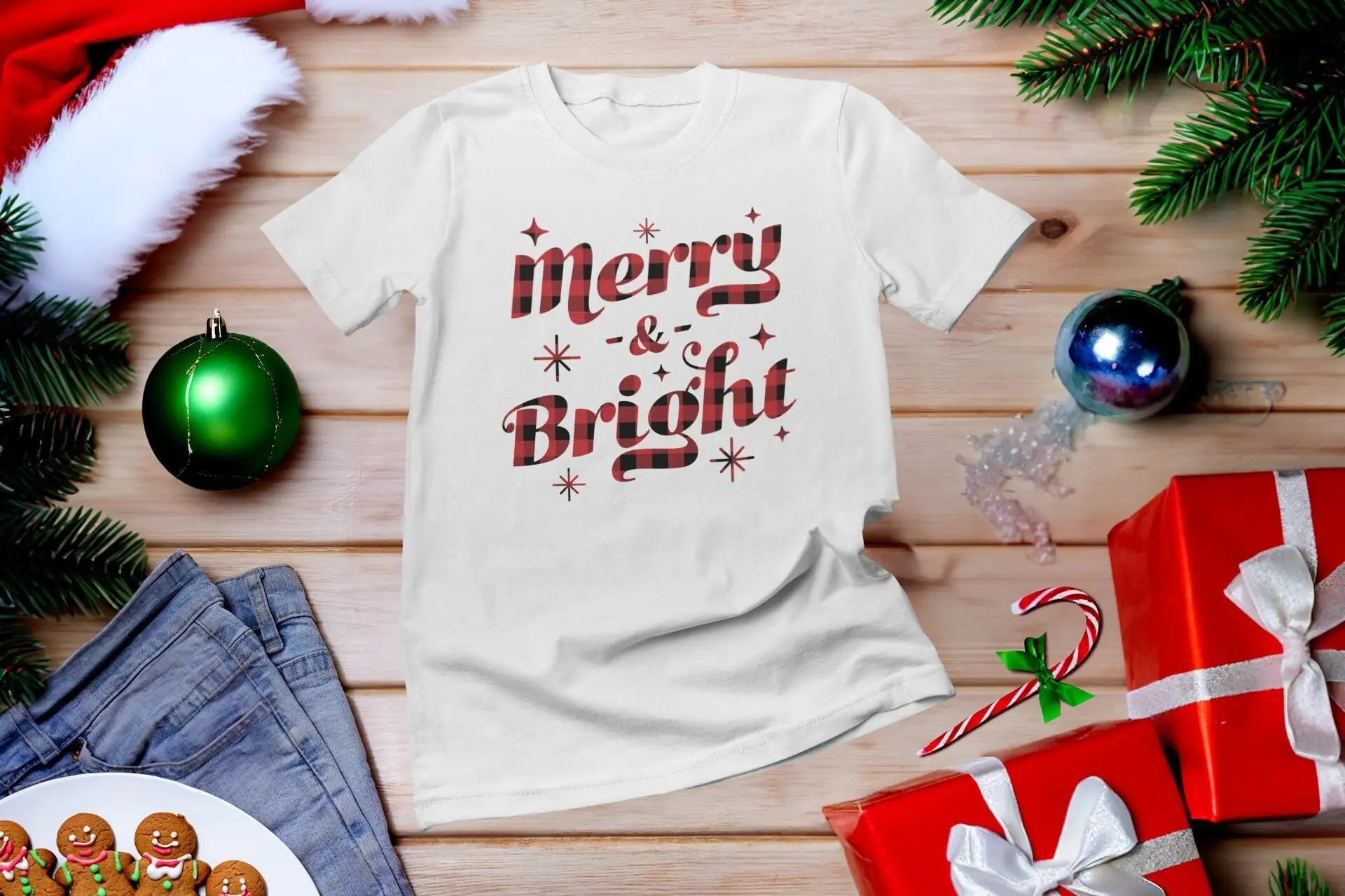 Merry and BrighT T Shirt Christmas Family Cute Red Matching Pajama group shirts Buffalo Plaid Xmas