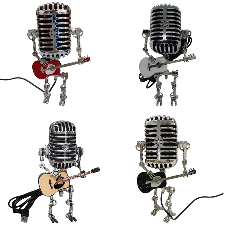 Microphone Lamp - Lamp Head Vintage Metal Microphone Robot Desk Lamp Retro Style Household Ornaments Easy Install Red & Silver