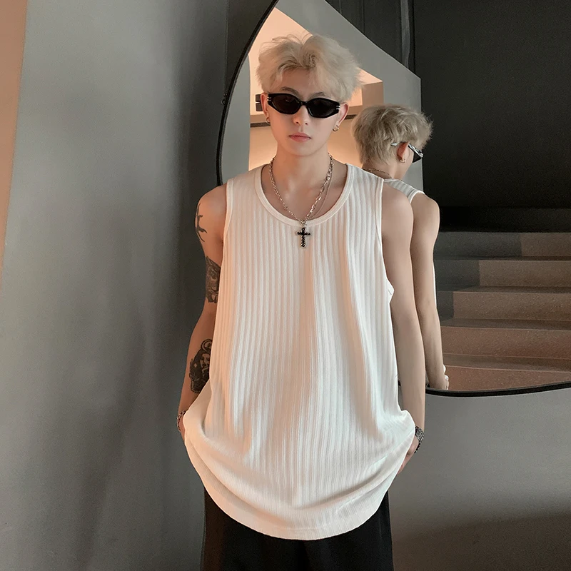 FEWQ Stripe Solid Color Vest Sleeveless T-shirt 2024 Round Neck Solid Color Korea Fashion Male Tops Casual 24E1605