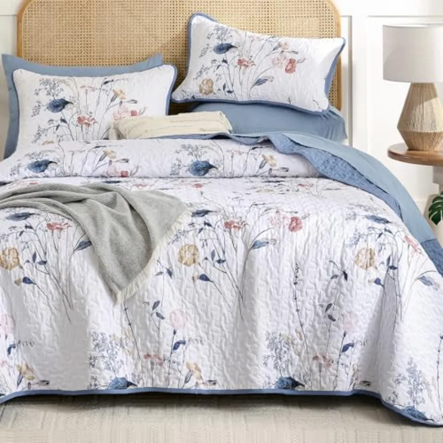 

Floral Quilt Set Size 3 Pieces Botanical Plants Pattern Bedspread Coverlet Set with 2 Pillowcases Soft Lightweight Microfiber B