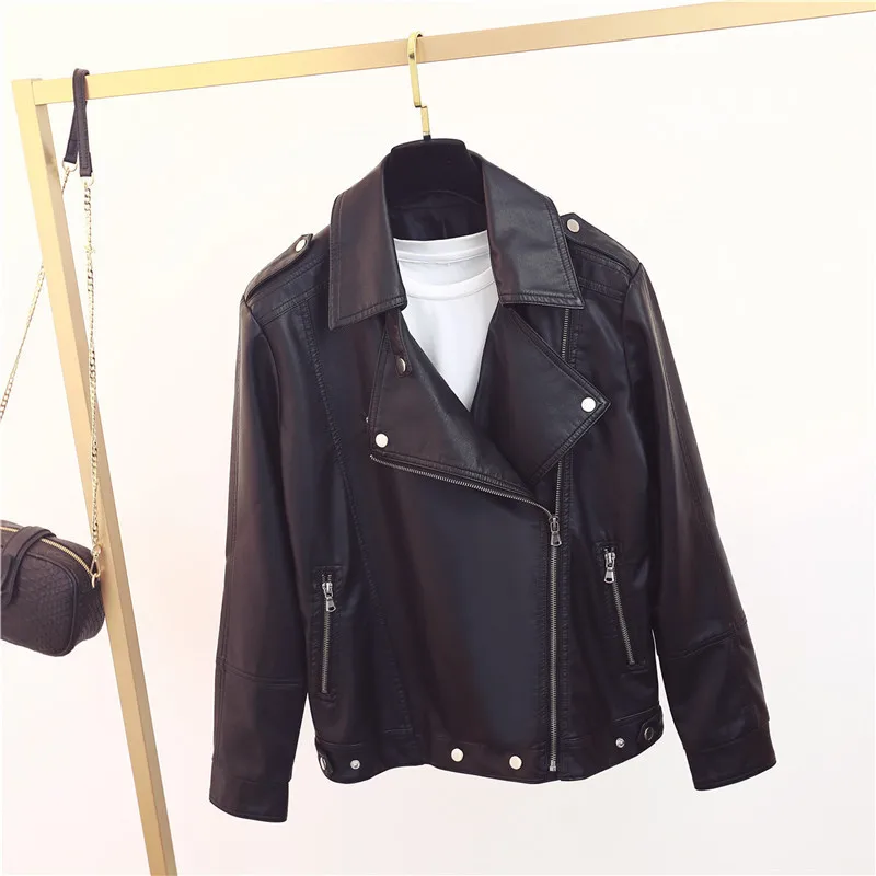 

2023 Spring Autumn New Women Faux Leather Jacket Lapel Mid-length Casual Long Sleeve Motorcycle Jacket Female Outwear Streetwear