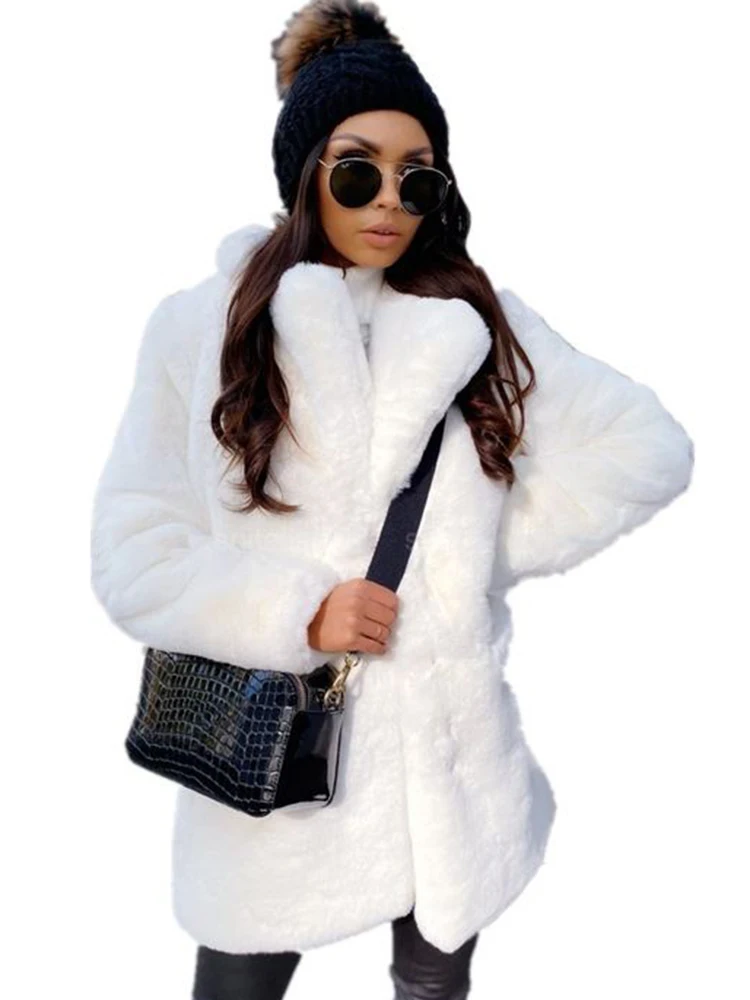 Lautaro Winter Loose Casual Warm Thick Soft White Faux Fur Coat Women Lapel Long Sleeve Black Fluffy Furry Jacket 4xl 5xl 2022