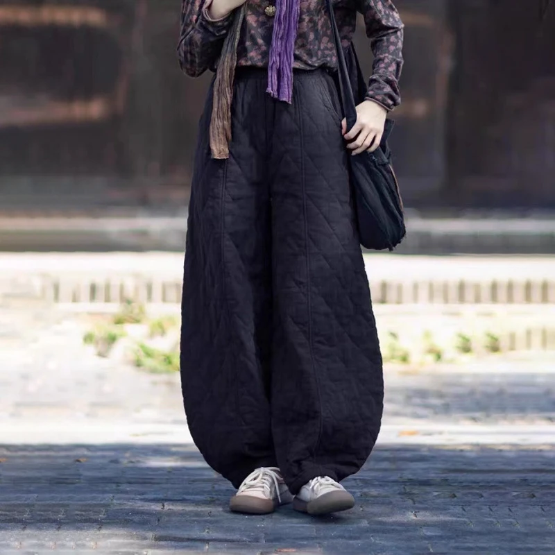 New Chinese Style Cotton Quilted Wide Leg Pants Women Autumn Winter Casual Loose Thicken Pants Elastic Waist Padded Trousers