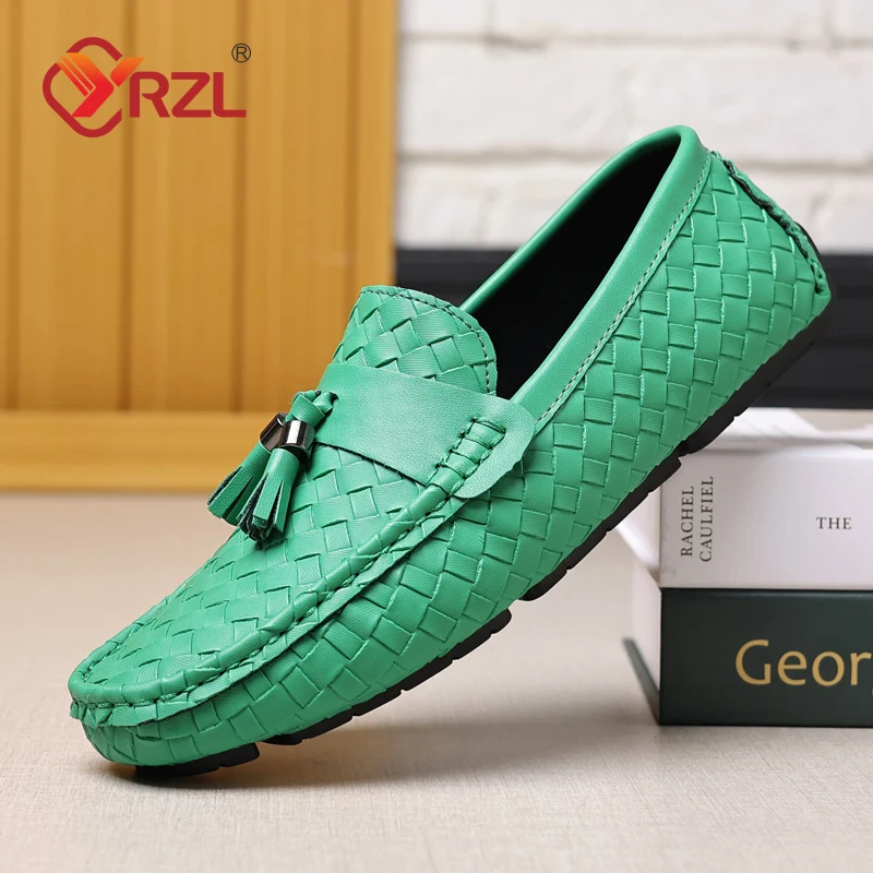 YRZL Green Loafers Men Handmade Leather Loafers Shoes Slip on Casual Driving Flats Comfortable Moccasins Big Size 48 Men Shoes