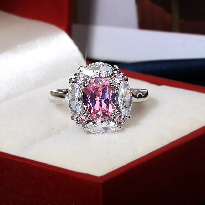 2024 Classic Moissanite Pink Gemstone Ring For Ladies 925 Stamp Pink White Zircon Wedding Engagement Jewelry Gift