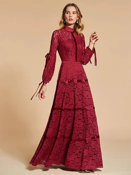 Elegante rote, hochgeschlossene, bodenlange A-Linie mit langen Ärmeln, gerüschte Damen-Spitze, formelle Kleider für die Brautmutter und den Bräutigam