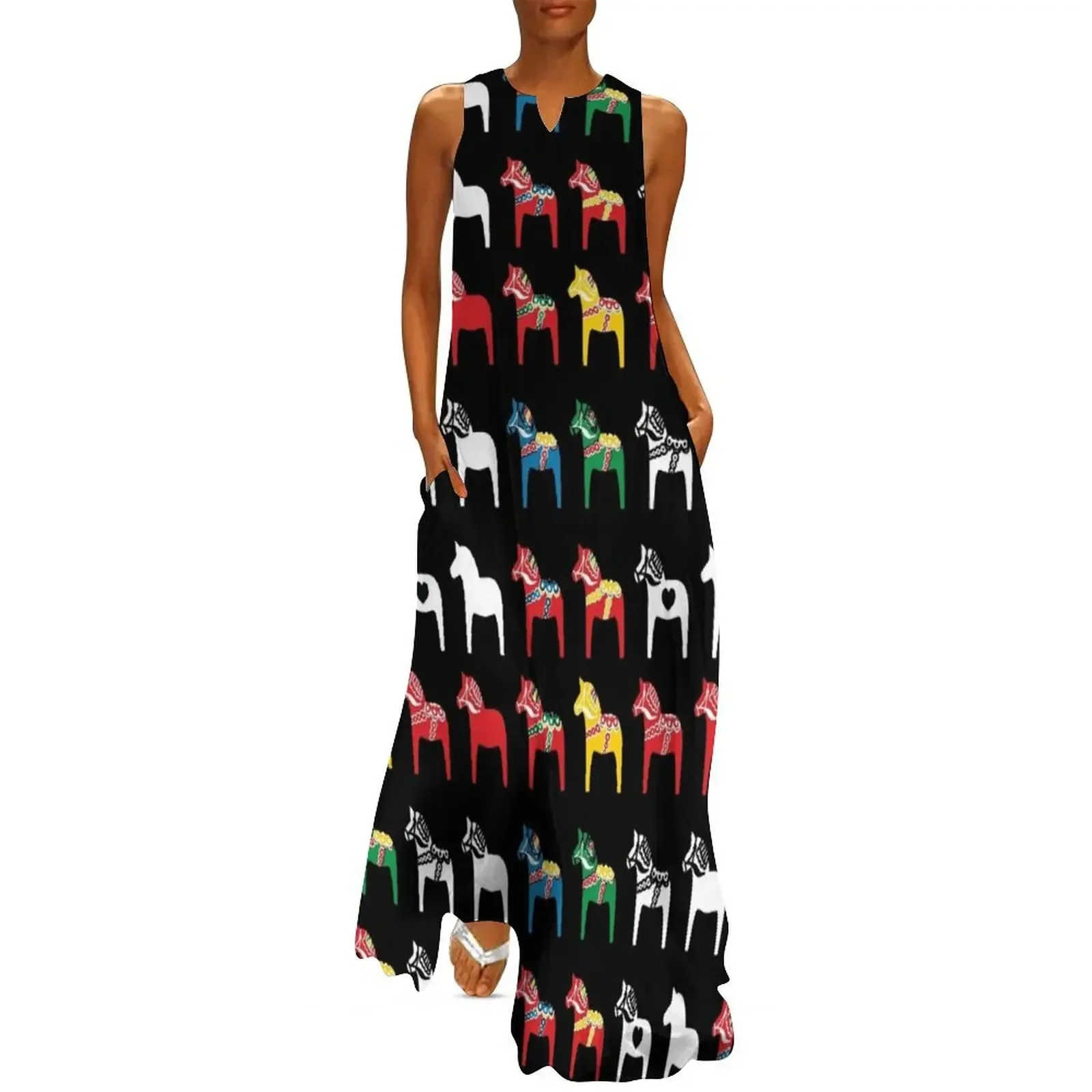 

Dala Horses Dalarna Sweden Horse Dalecarlian Swedish Colorful Long Dress Long dress woman loose women's dress
