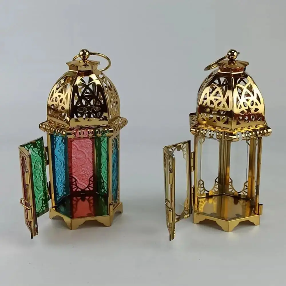 Gold European Castle Candlestick Vintage Hanging Candle Holder Moroccan Glass Candle Lantern Wedding Home Decor Ornaments