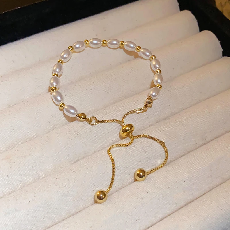 Gold Color Beads Pearls Mixed Adjustable Chain Bracelet Elegant Exquisite Bangles For Women Fashion Jewelry Gift