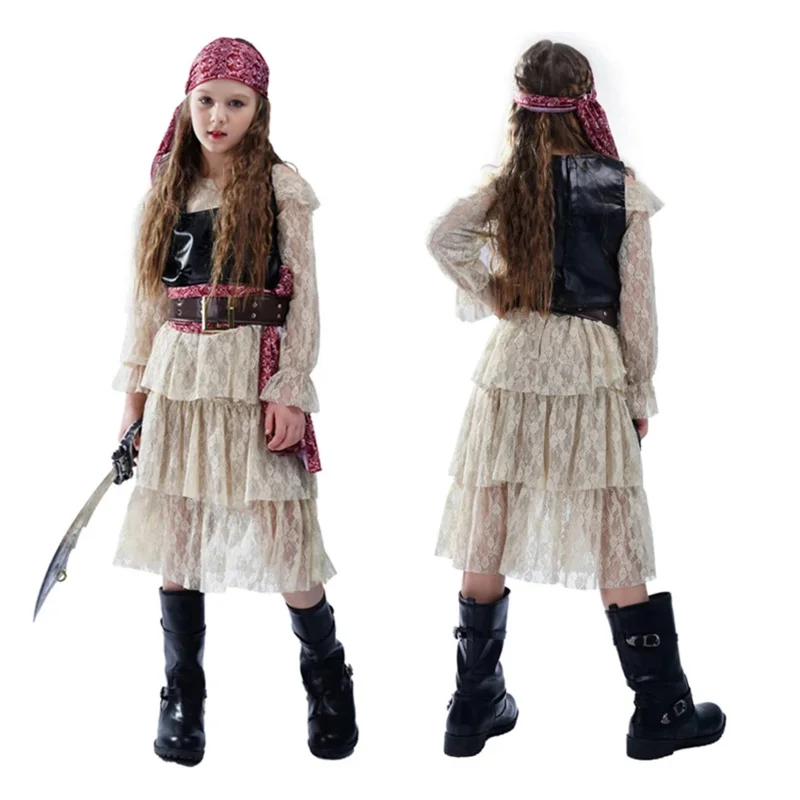 Viking Pirate Cosplay Anime Halloween Costume for Kids Girl Carnival Princess Fancy Party Dress Skirt Role Play Pirate Vest