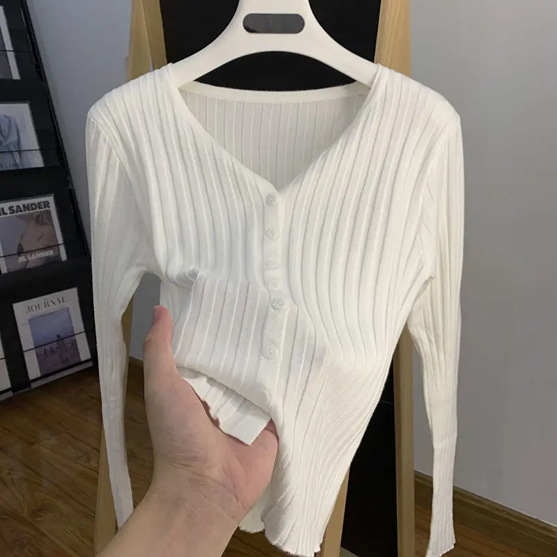 เสื้อคาร์ดิแกนถักแขนยาว คอวี เรียบหรู สไตล์เกาหลี สำหรับฤดูใบไม้ผลิและฤดูใบไม้ร่วง แฟชั่นเสื้อผ้าผู้หญิงสไตล์เกาหลี