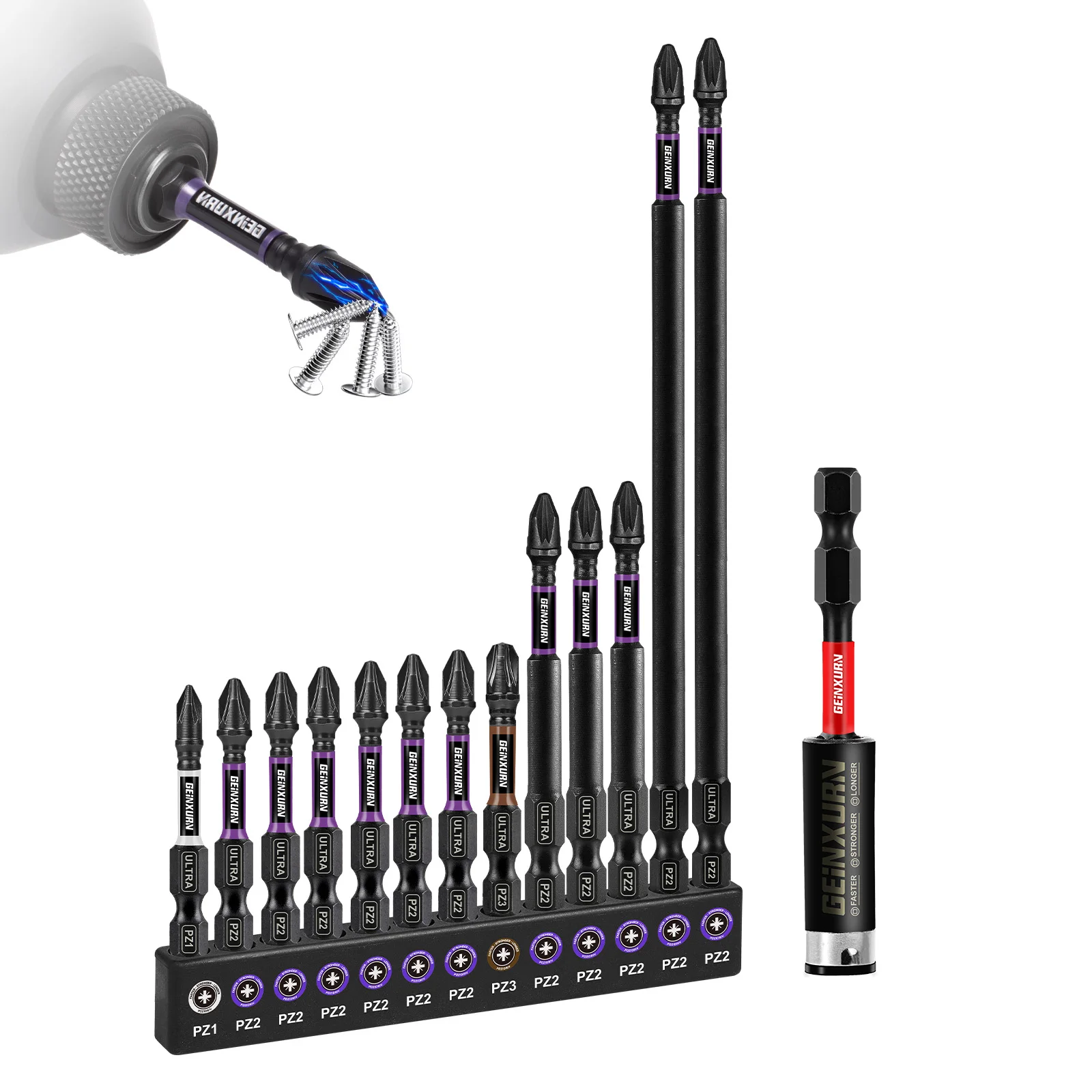 

Набор отверток Geinxurn 14 шт. Impact Pozidriv, набор магнитных стальных бит S2 и ударный держатель бит с цветным кодированным основанием