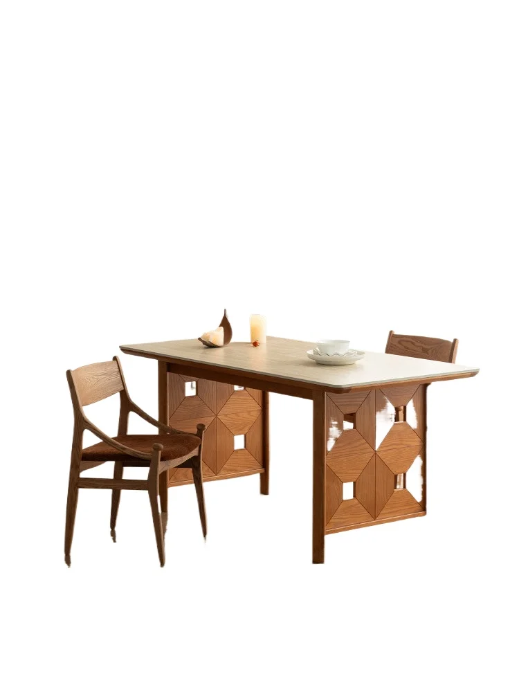 

Medieval rectangular table household light luxury high-end retro solid wood rock slab countertop dining table