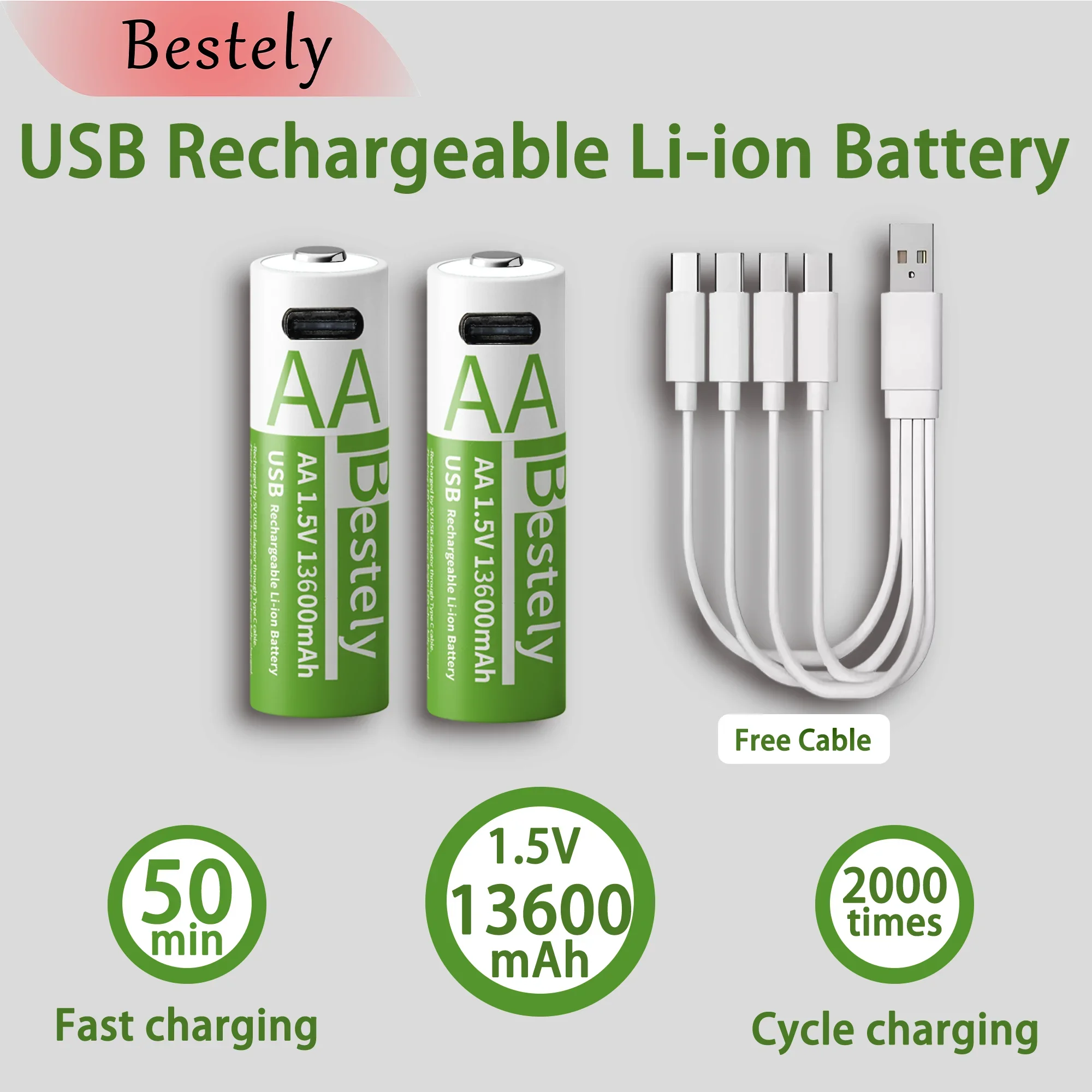 Bestely AA Rechargeable Lithium Battery 1.5V 13600mAh Fast Charging Long Lasting Li-ion Batteries 2000 Cycle with USB- C Cables