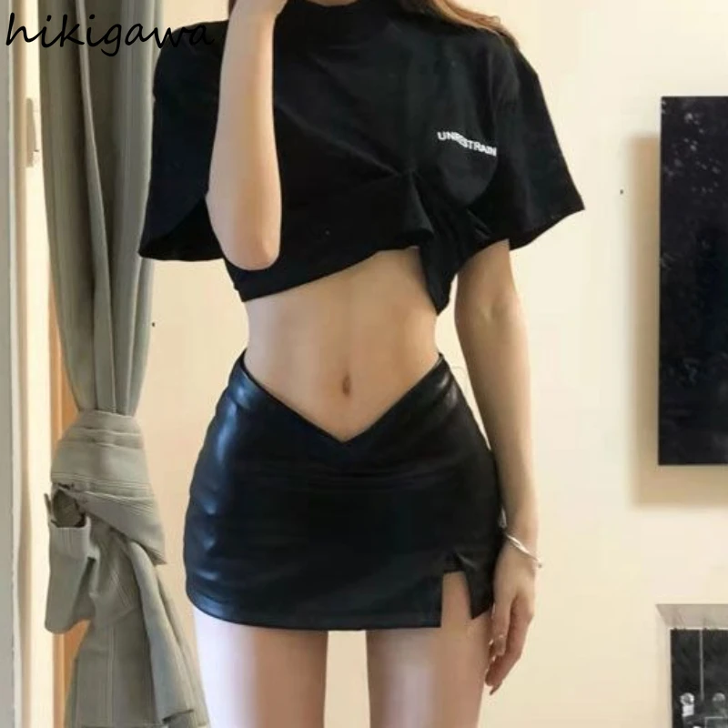 

Sexy Mini Skirts Women's Clothing Temperament Leather PU Jupe 2025 Faldas Mujer De Moda Summer Saia Split Bodycon Y2k Skirt
