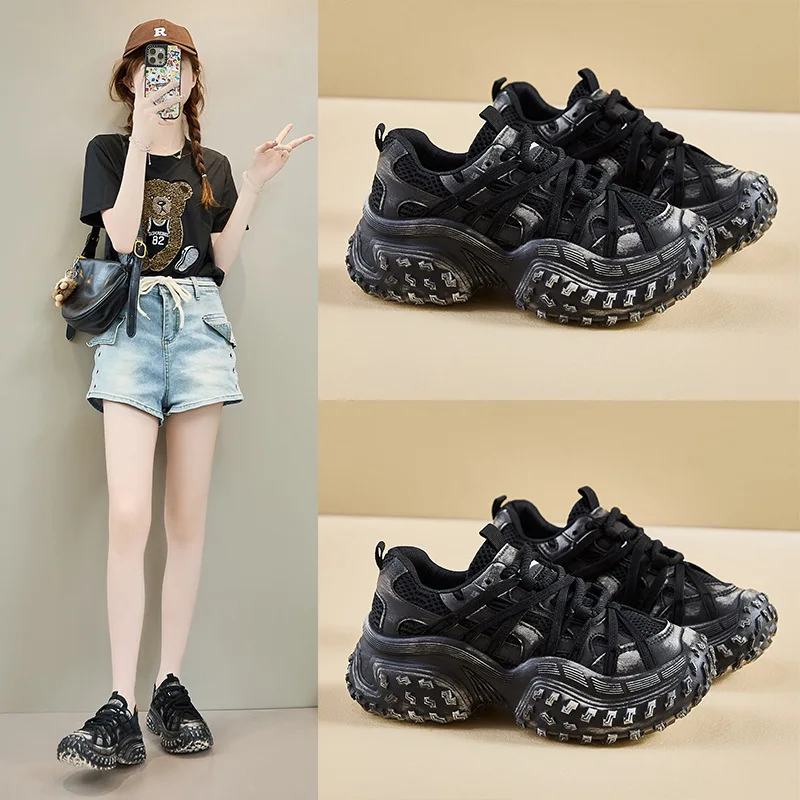 Damen-Frühlings-Jugend-Laufsportschuhe mit dicken Sohlen, lässige, höhenvergrößernde New Dad-Turnschuhe für bequeme Schuhe