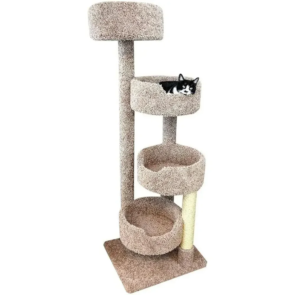 Large Neutral-Colored Solid Wood Cat Stairway, Multi-Level Indoor Cat Tree Tower, 20 L x 20 W x 55 H, Brown