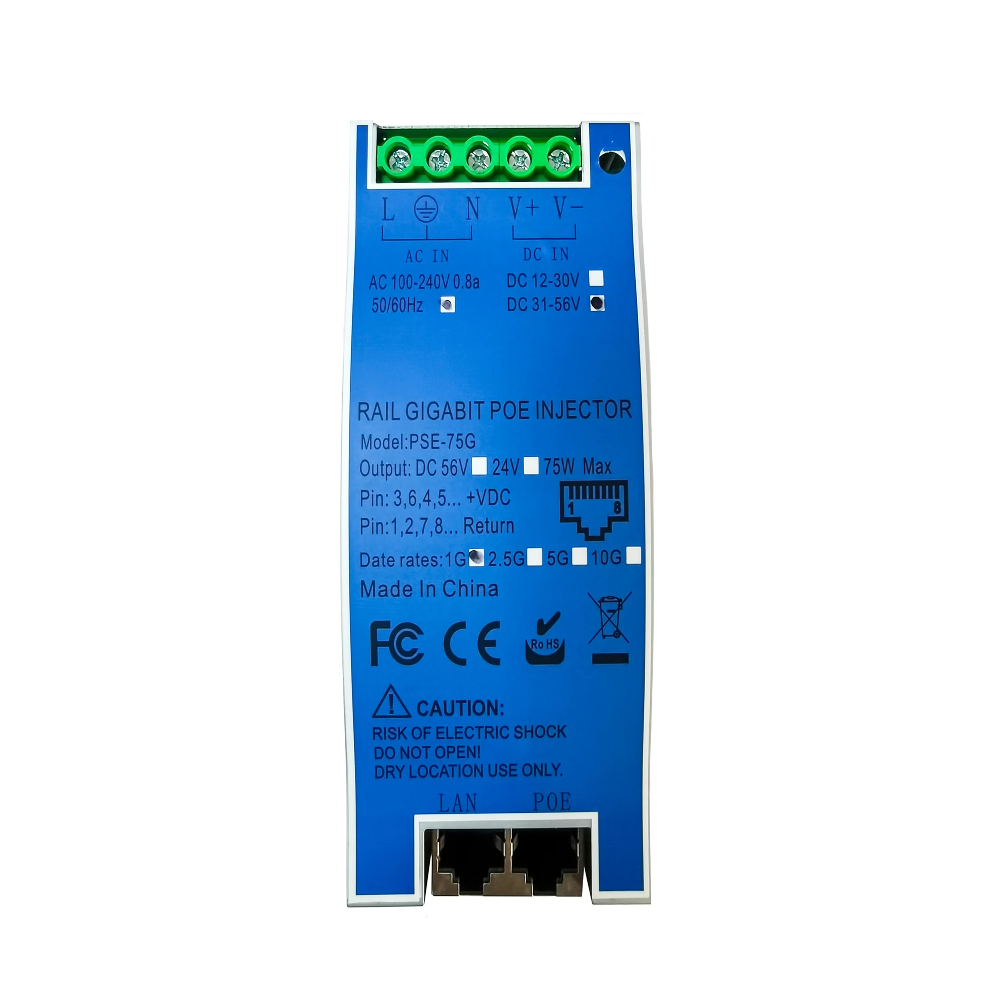 DIN Rail Industrial POE Injector Midspan AC Or DC Input Max 75w 802.3BT/AT